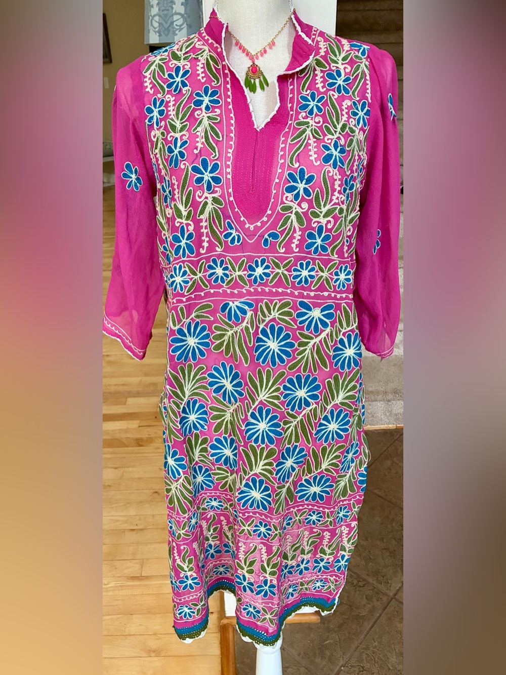 Bright Pink Floral Embroidered Indian Tunic